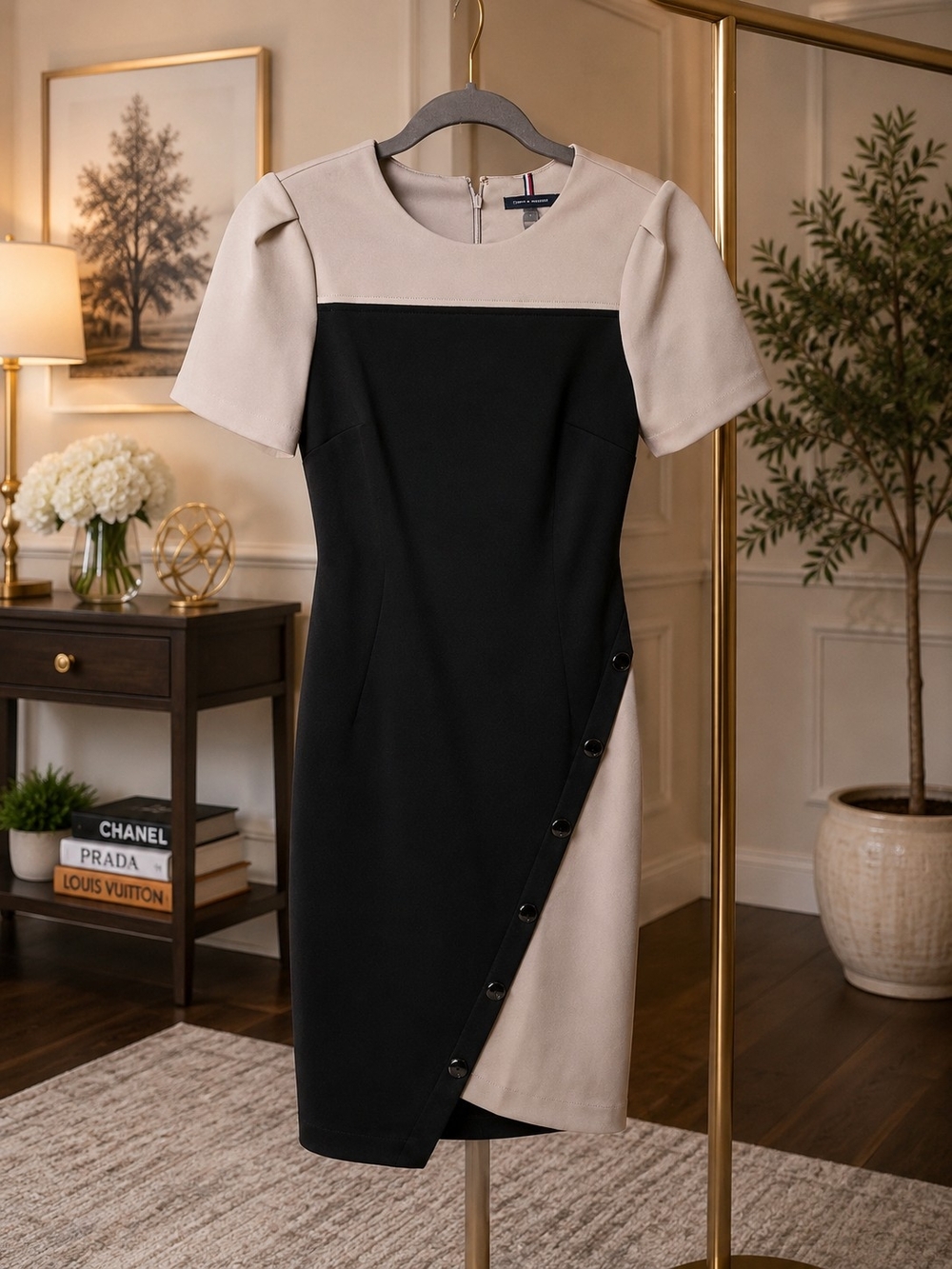 Tommy Hilfiger Black and Cream Short-Sleeve Sheath Dress